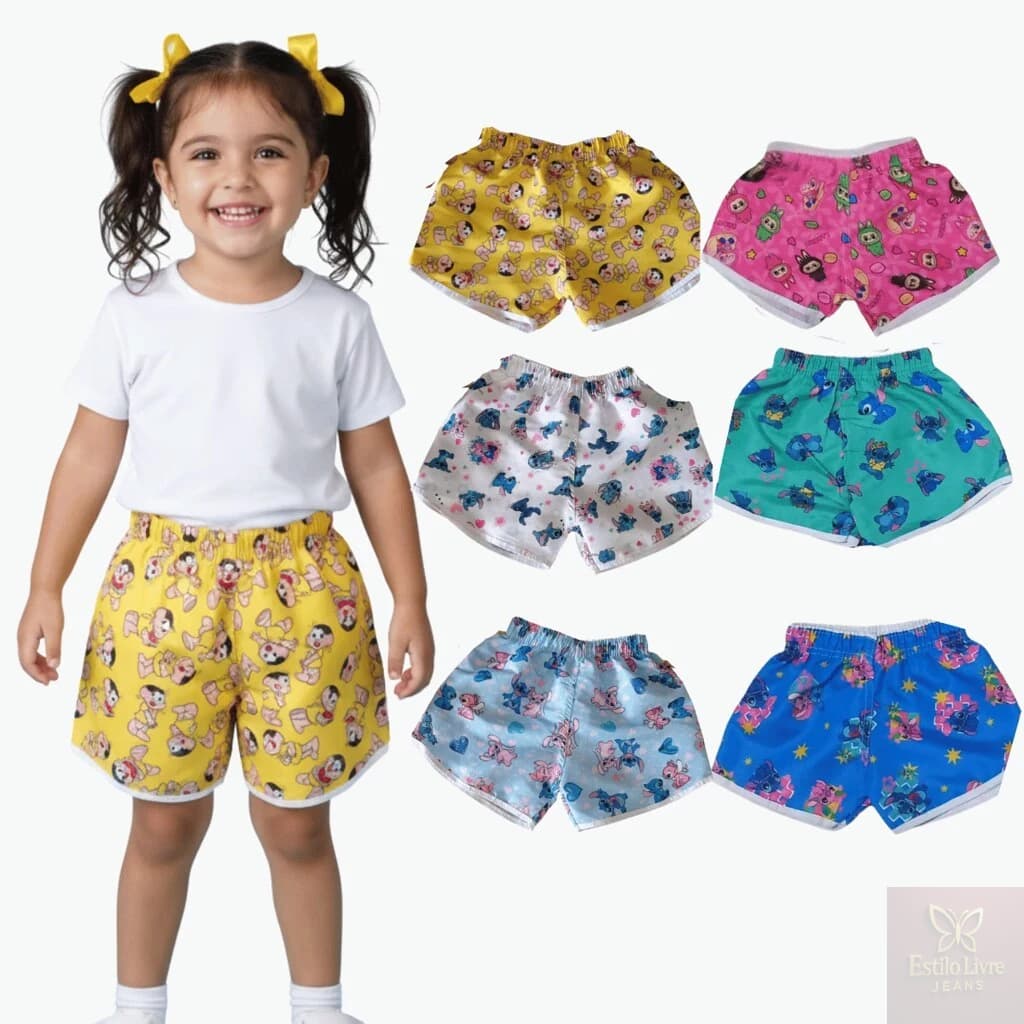 Kit 5 Shorts Infantis Feminino Infantil Menina Diversas Estampas