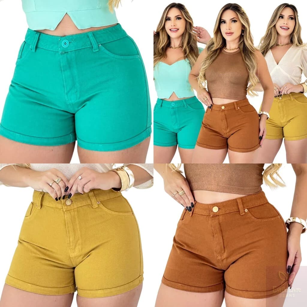 Kit 3 Shorts Jeans Feminino Barra Dobrada Cintura Alta Lavagens Cores