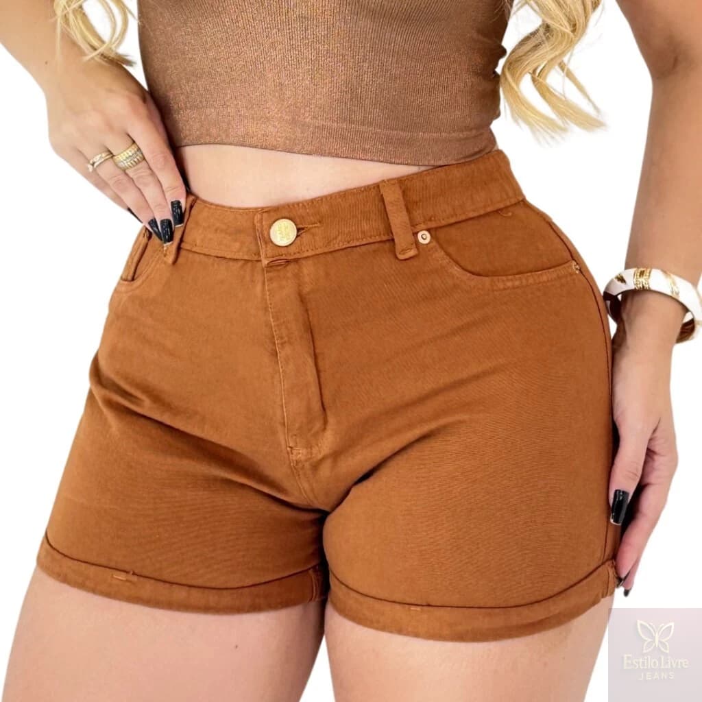 Short Jeans Feminino Cintura Alta Barra Dobrada Lavagem Caqui