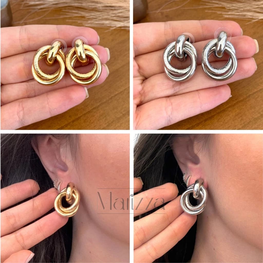 Brinco Feminino 3 Modelos Argola Entrelaçada Orgânico e Gota Dourado e Prateado