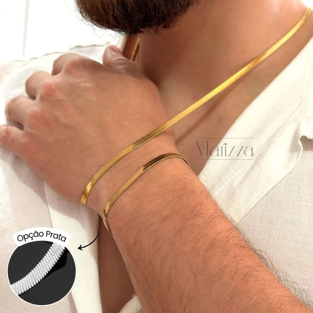 Kit Masculino Colar e Pulseira Aço Inoxidável 4mm Dourado Prata Presente namorado marido