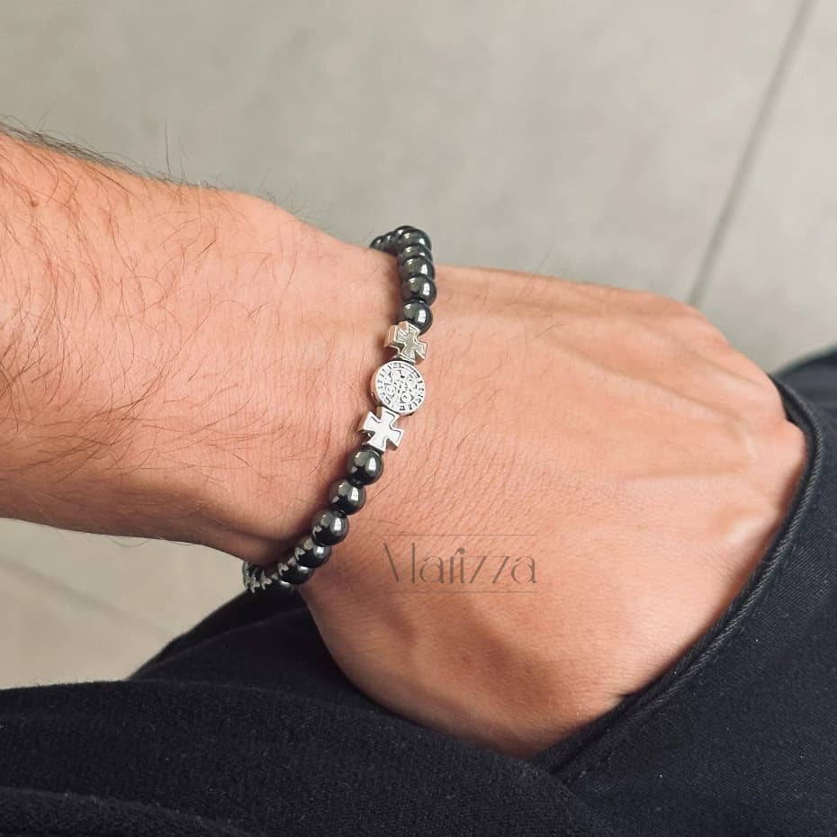 Pulseira Masculina São Bento Hematita Pedras Naturais Ajustável Elástico Marizza