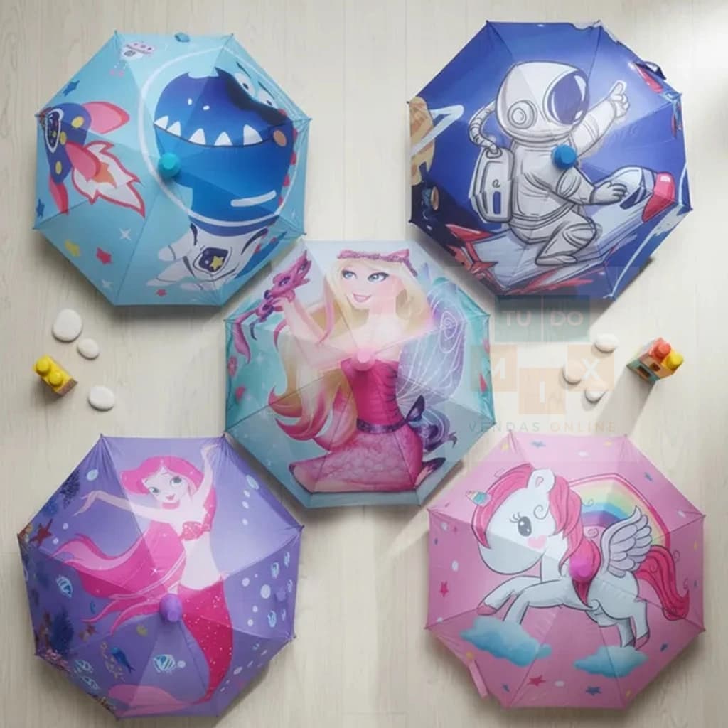 Guarda Chuva Sombrinha Infantil Automático Com Proteção Solar Unicórnio Astronauta Sereia Dinossauro e Princesa