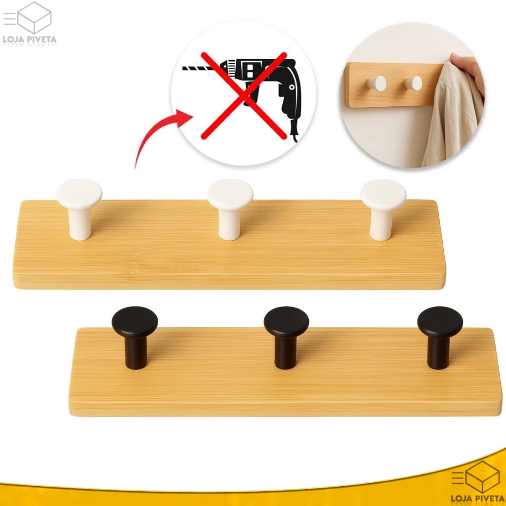 Gancho Adesivo 3 Pinos De Bambu AutoColante Suporte de Parede Fixação Sem Furar 22x5cm Multiuso