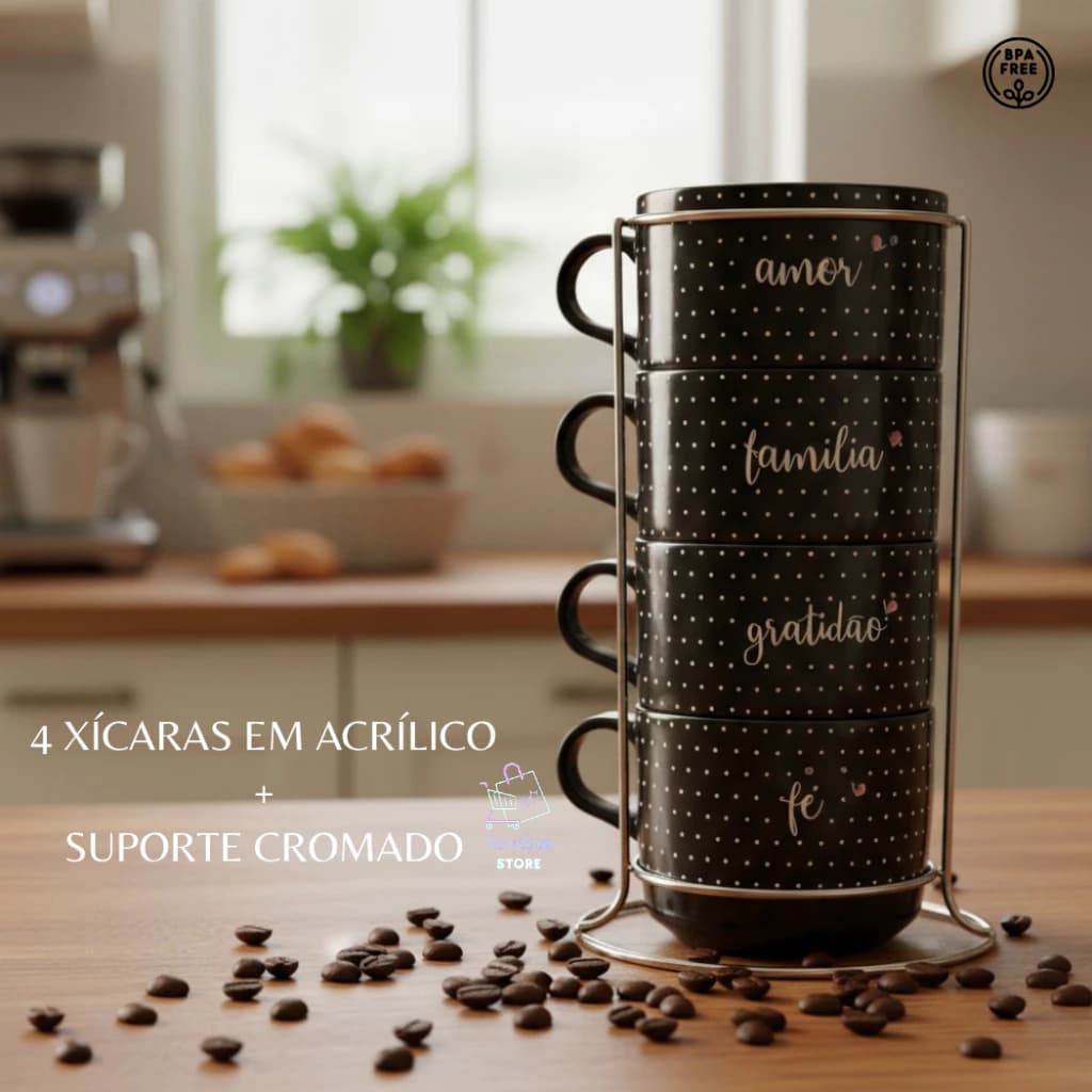 Jogo de 4 Xícaras em Acrílico + Suporte Cromado Empilhável 200 Ml Chá Cantinho do Café Presente