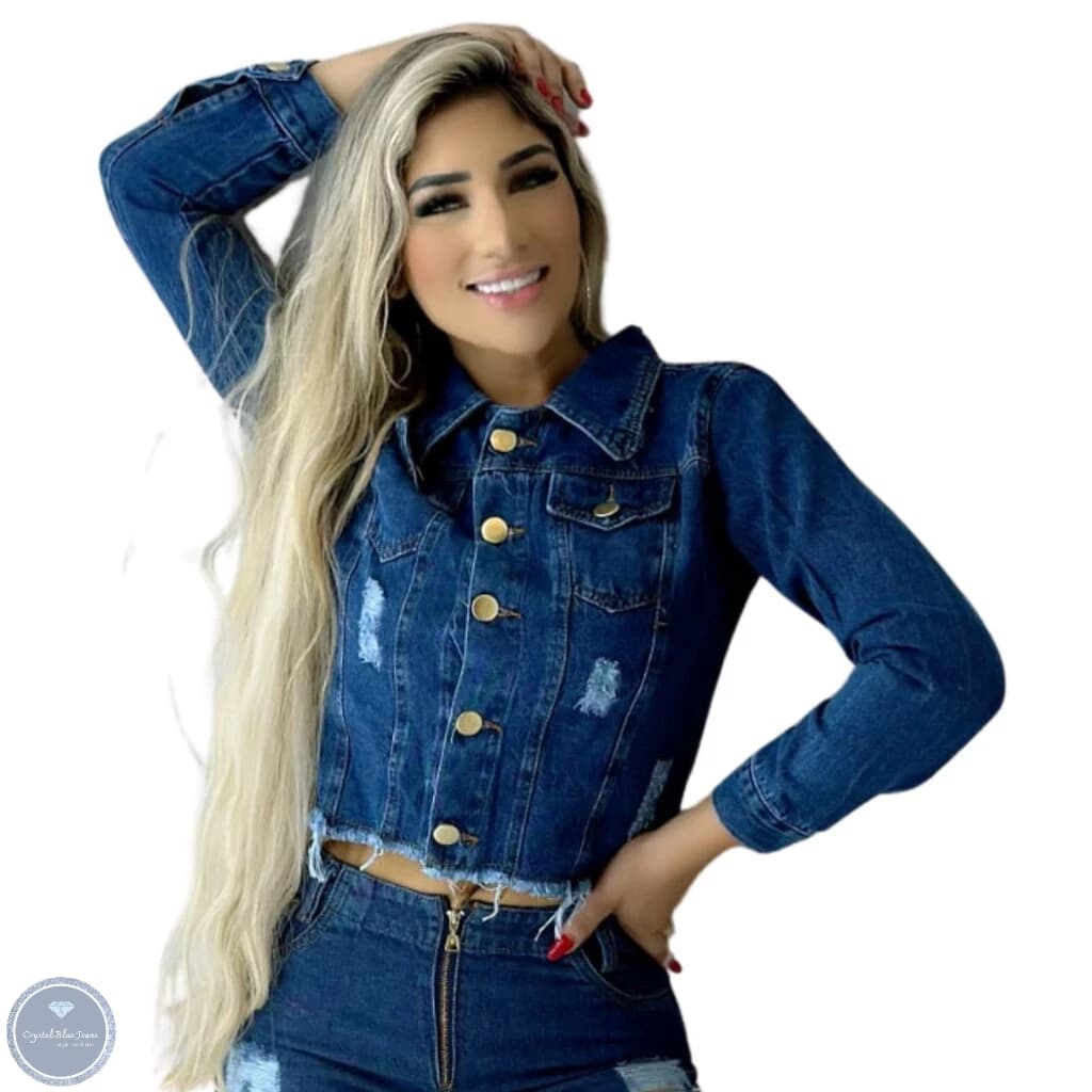 Jaqueta Feminina Jeans Detonada Escura,Crystal Blue Jeans