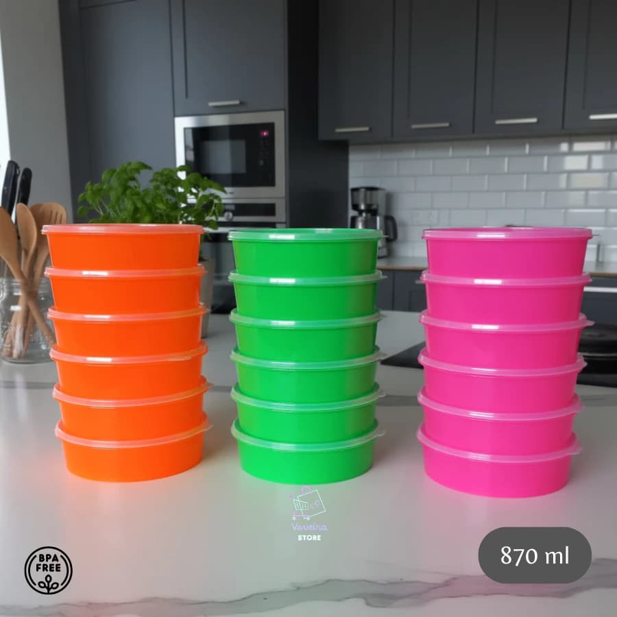 Kit Potes Redondo Neon 870ml Tampa Transparente BPA Free Ideal para Marmita, Freezer e Micro-ondas
