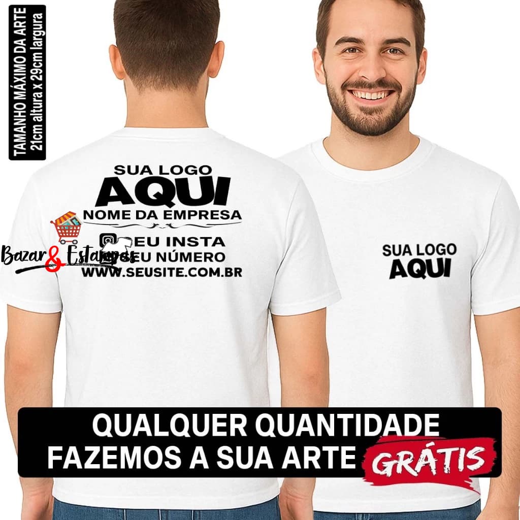 1 Camisetas Personalizadas Branca Estampa Frente e Costas Arte Grátis Uniforme Empresa Eventos