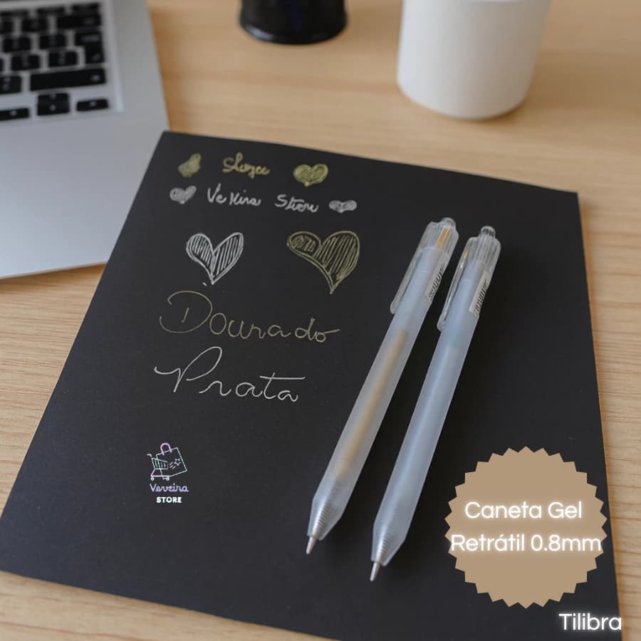 Caneta Gel Retrátil 0.8mm Dourada e Prata Papel Preto Decoração  Convites Personalizações Escolar
