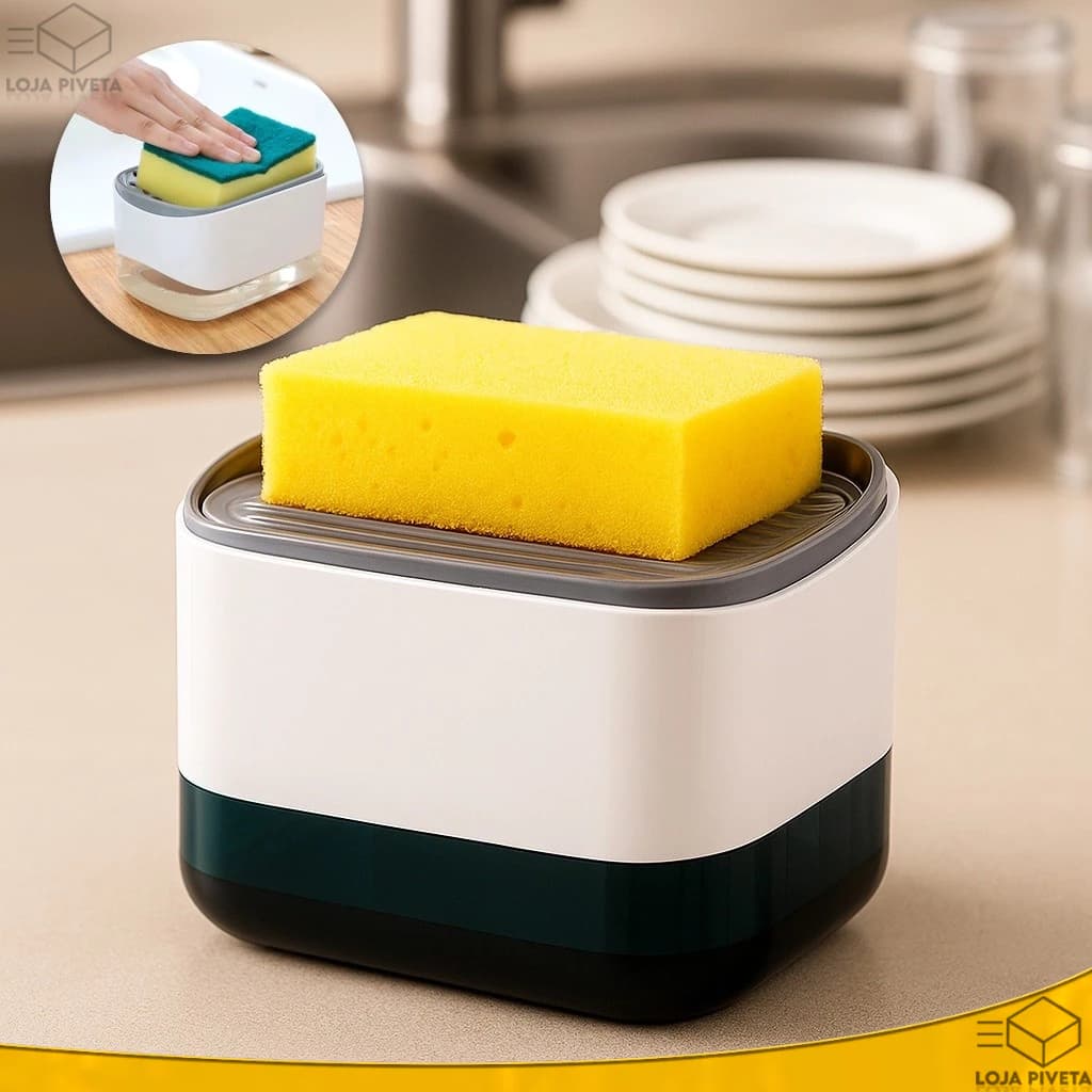 Dispenser de Sabão 2 em 1 Com Esponja Detergente e Sabonete Líquido Com Suporte Para Pia Cozinha