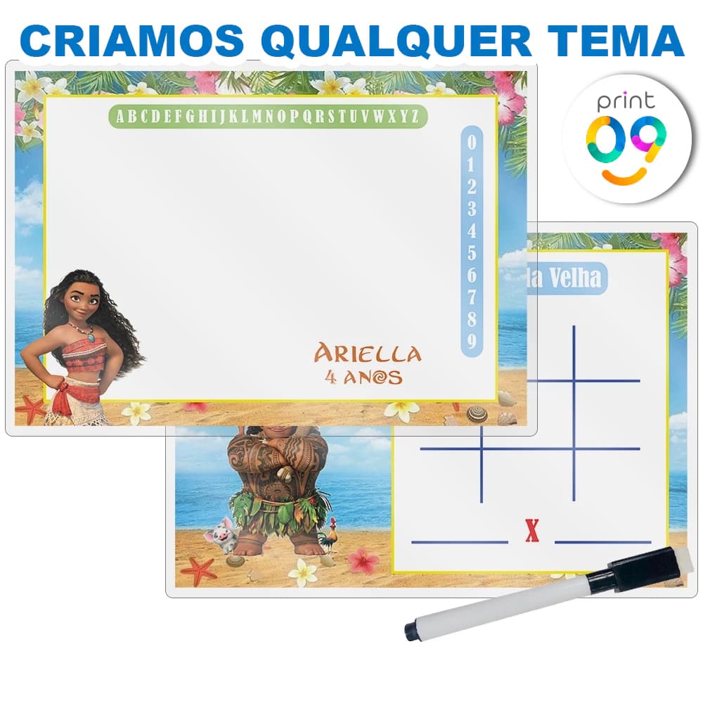 Lousa Mágica + Caneta Com Apagador Personalizada Lembrancinha Festa Infantil Tema Moana Ou Outros
