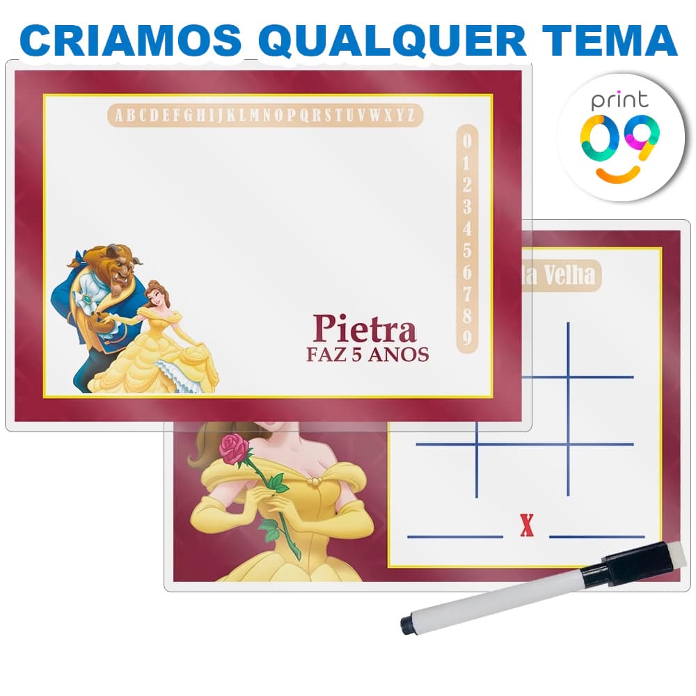Lousa Mágica + Caneta Com Apagador Personalizada Lembrancinha Festa Infantil A Bela E A Fera Ou Outros