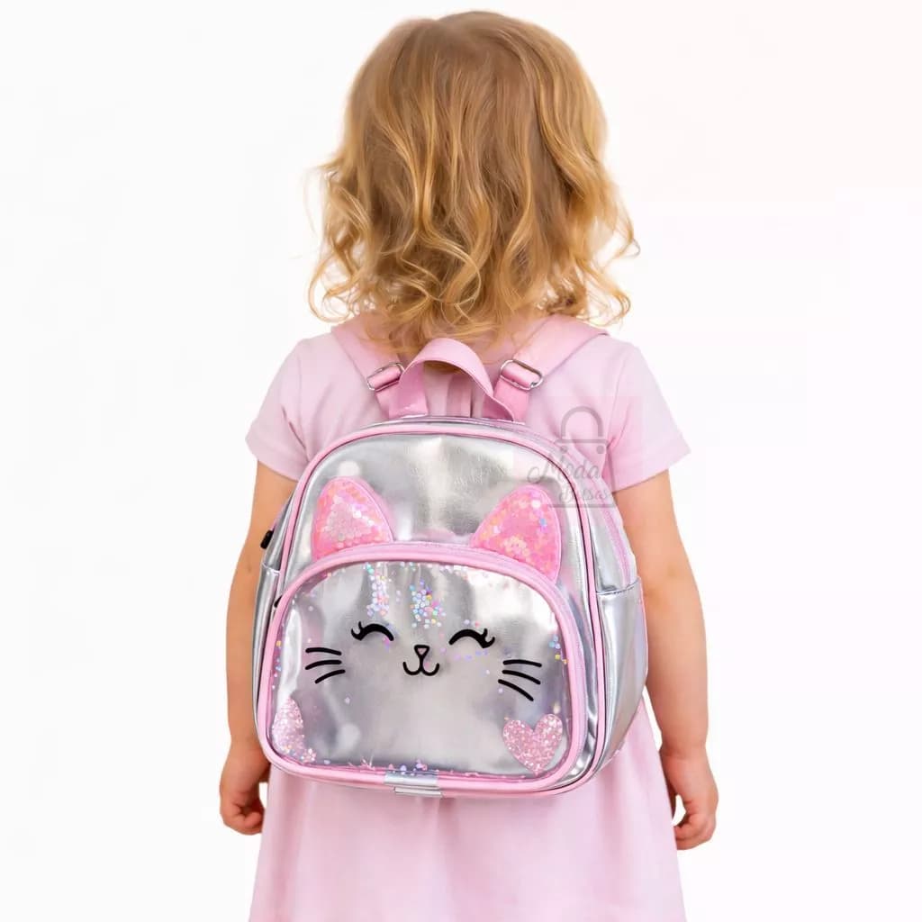 Mochila Infantil Menina Feminina Gatinha Original Glitter Rosa Lilás Escolar Passeio Creche Presente