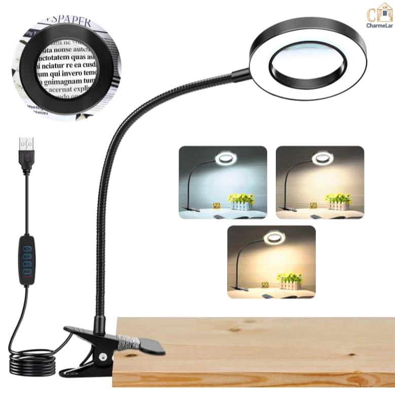 Luminária Led Lupa 10x Ring Light de Mesa Articulável, 3 modos de intensidade de luz LED ajustáveis