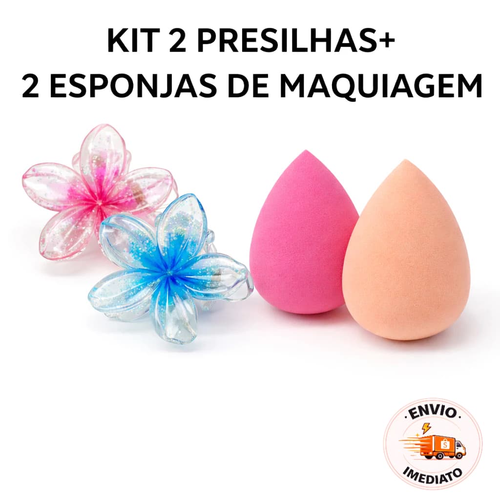KIT 2 PRESILHAS DE FLOR + 2 ESPONJAS DE MAQUIAGEM COXINHA