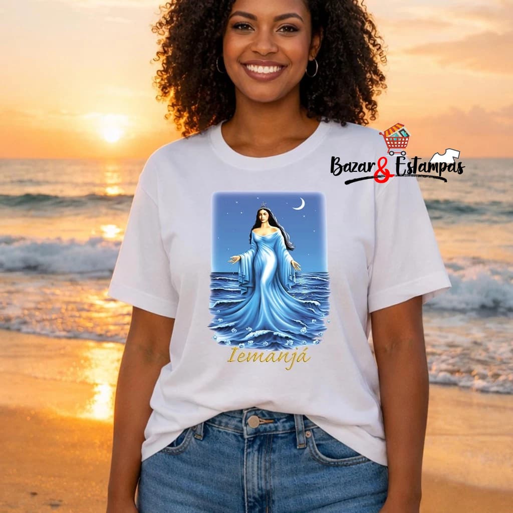 1 Camiseta Personalizada Iemanjá Odoyá em Azul Camisa Religiosa