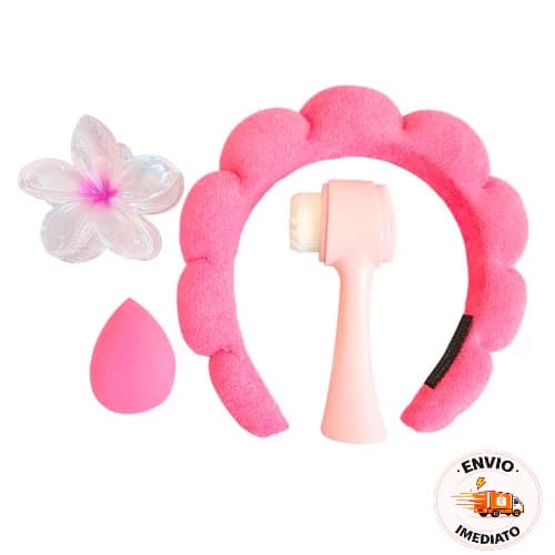 Kit Skincare com Tiara, Pincel, Presilha Flor e Esponja