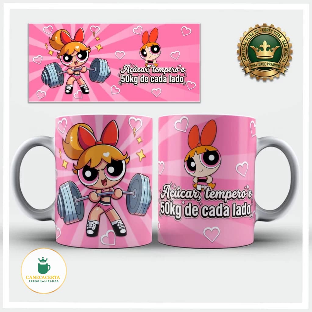 Caneca Personalizada Florzinha Academia Fitness Meninas Super poderosas Cerâmica Premium 325ml
