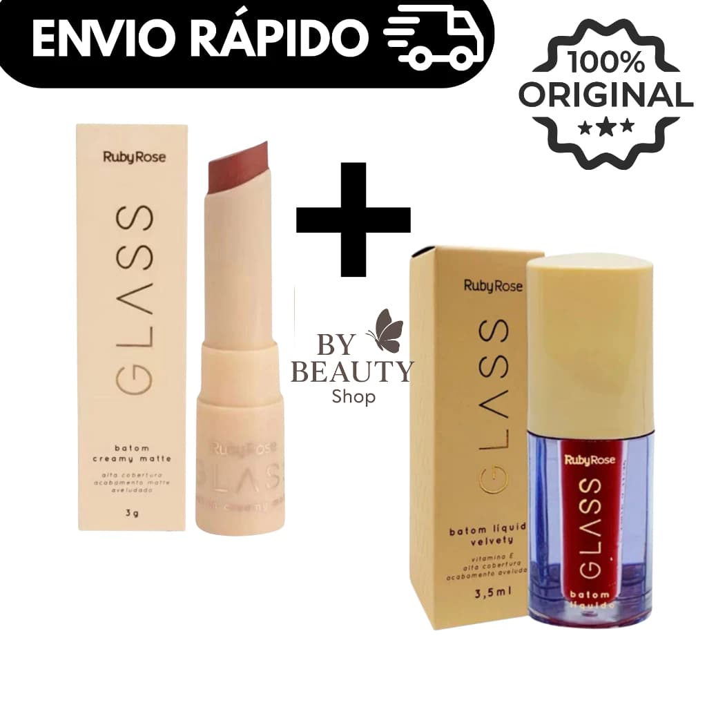 Kit Batons Ruby Rose Glass Velvety HB578 + Creamy Matte F567 – Alta Pigmentação, Acabamento Aveludado