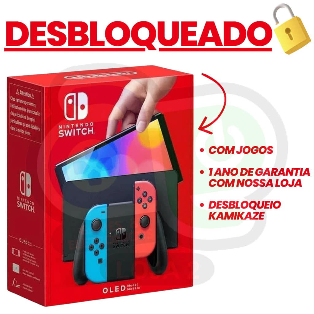 Nintendo Switch OLED Azul e Vermelho Neon Desbloqueado Novo + Cartão SD Original + Garantia c NF