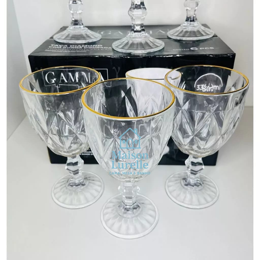 Kit 6 Taças Borda Dourada de Vidro Diamond – 340ml