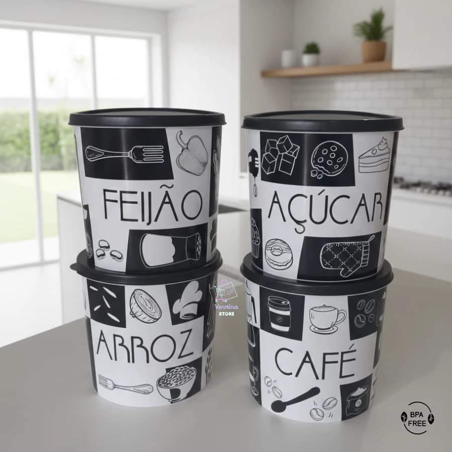 Jogo Porta Mantimento 4 Peças com Tampa 2 Litros Organizador Alimentos Empilhável BPA FREE