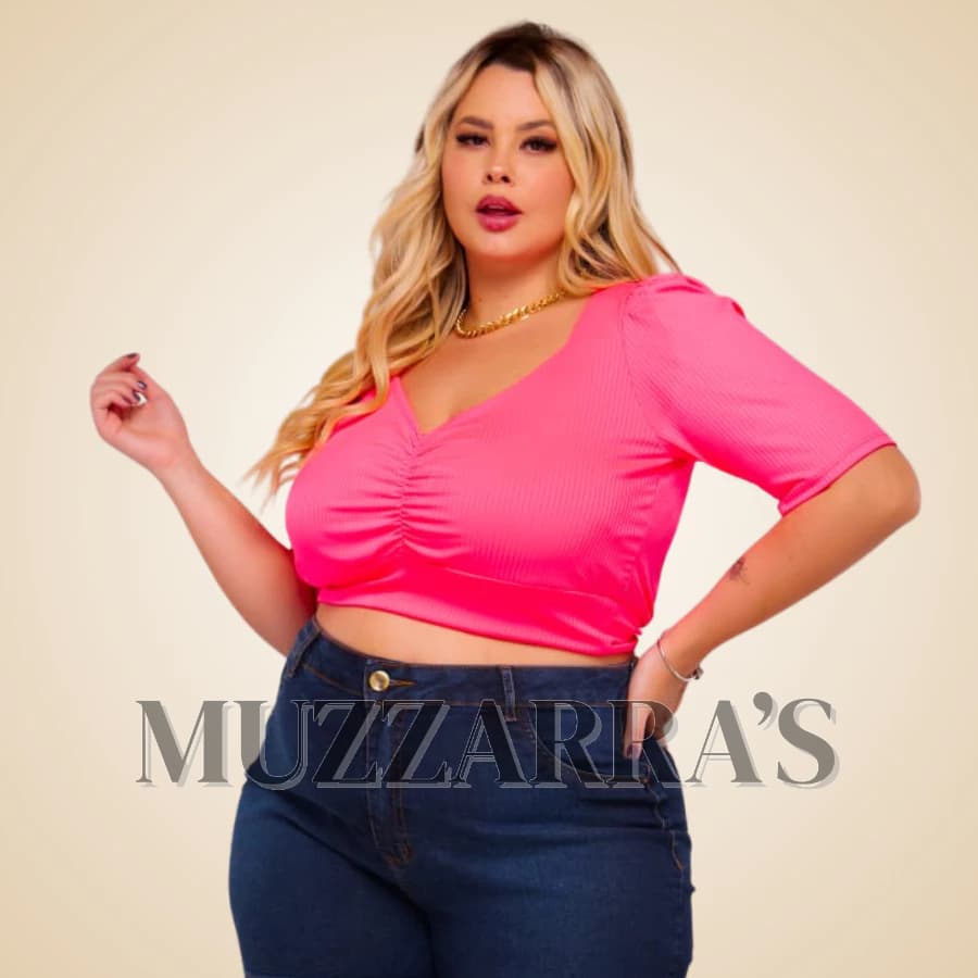 Blusa Feminina Cropped Com Decote Franzido Em Malha Canelada Plus Size Neon