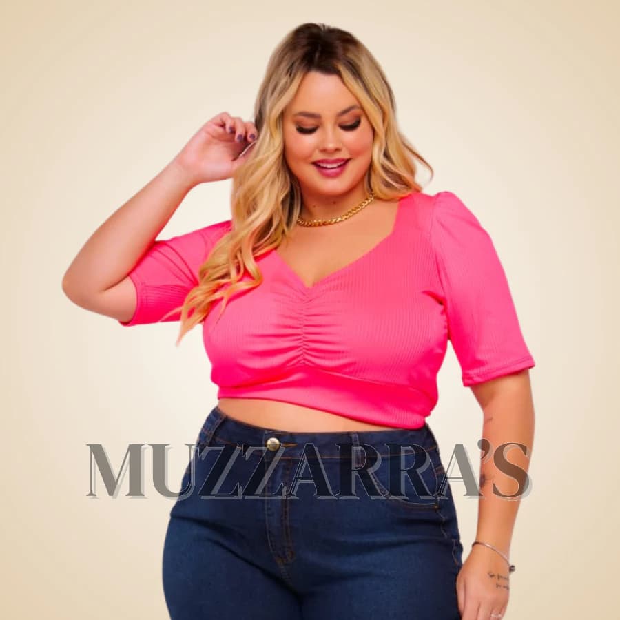 Cropped Plus Size Decote Franzido Malha Canelada  Neon Moda Grande Blusa Busto Duplo