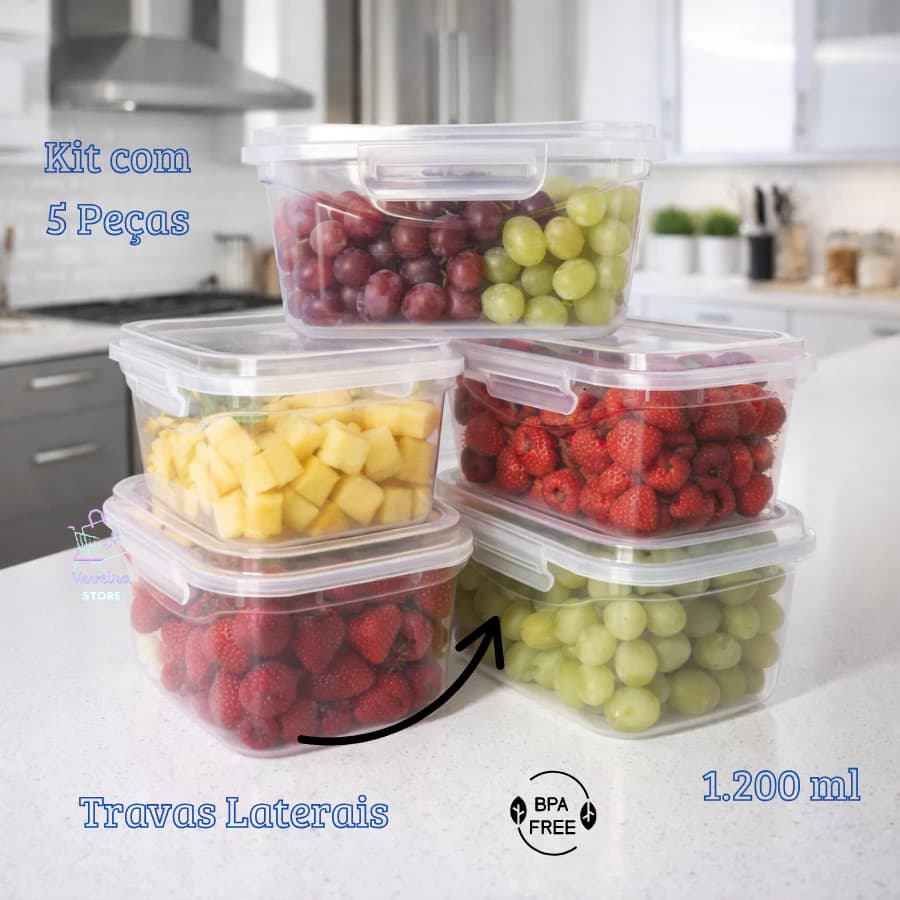 5 Potes Plásticos Com Trava 1.200 litros Hermético Marmita Fitness BPA Free Organizador Alimentos