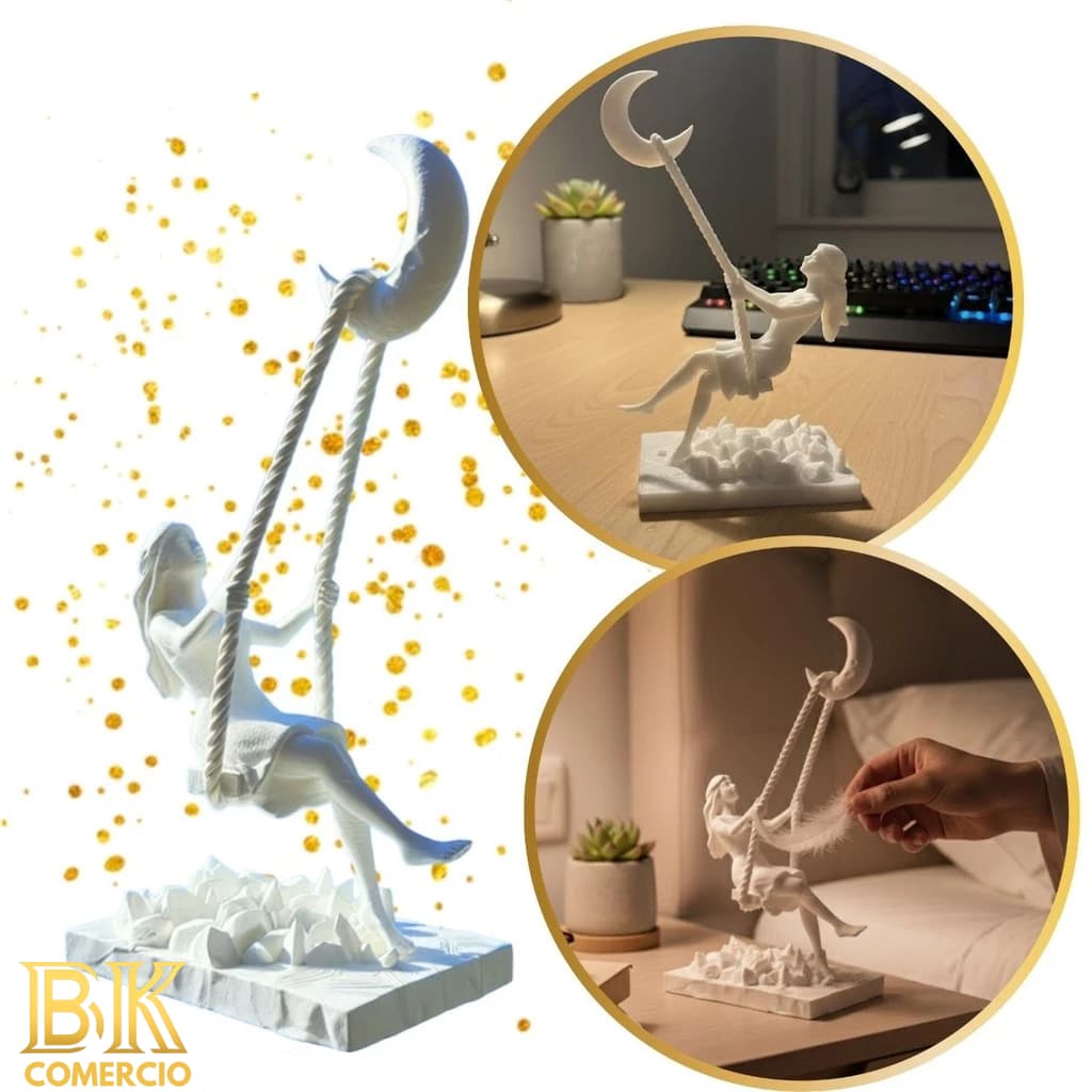 Escultura Decorativa Garota no Balanço Lua Crescente Branca