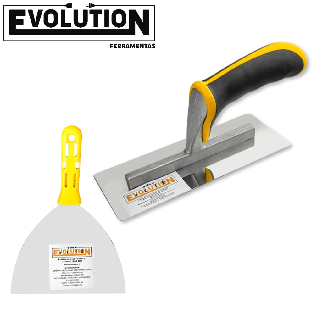 Desempenadeira Rígida 24x11cm Evolution + Espátula Aço Inox para Massa Corrida Gesso Acabamento