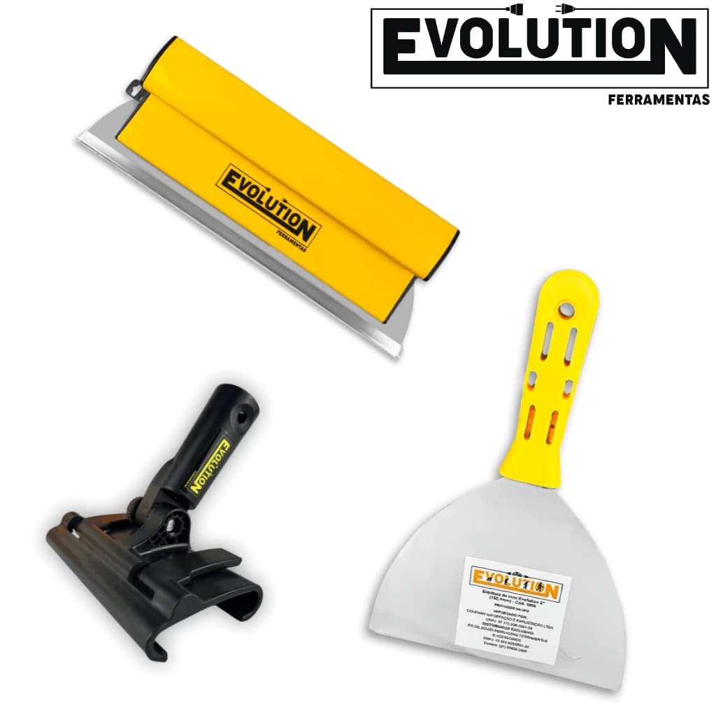 Kit Desempenadeira + Suporte + Espátula Evolution Aço Inox Profissional Tamanhos Variados