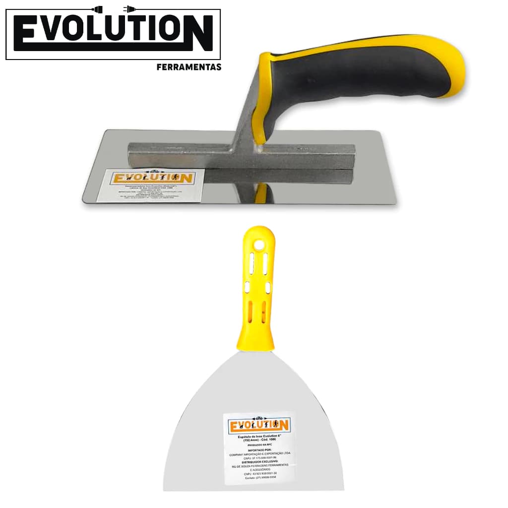 Kit Espátula e Desempenadeira Evolution c Espátulas 3 a 6 Pol e Desempenadeira Rígida 20x8cm