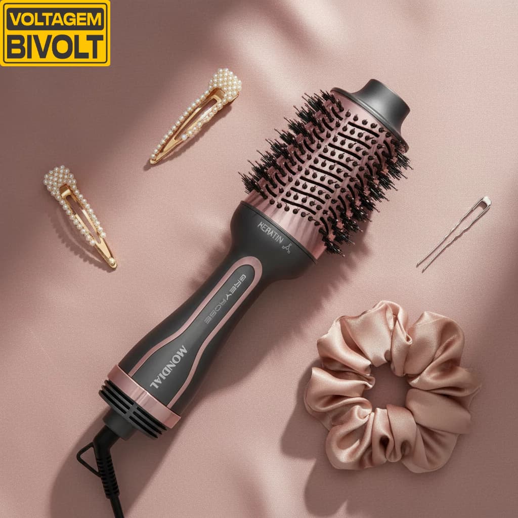 Escova Secadora Modeladora e Alisadora 3 em 1 Mondial ES-11-BI 1300w Rose Grey Keratin Bivolt