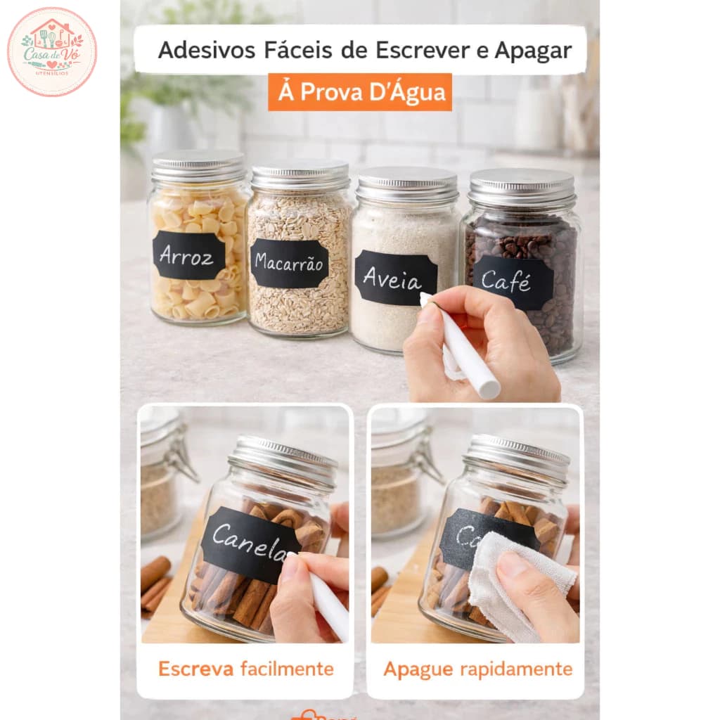 24 Adesivos para Potes à Prova D’Água | Escreve e Apaga Fácil | Organização Gourmet – Casa de Vó