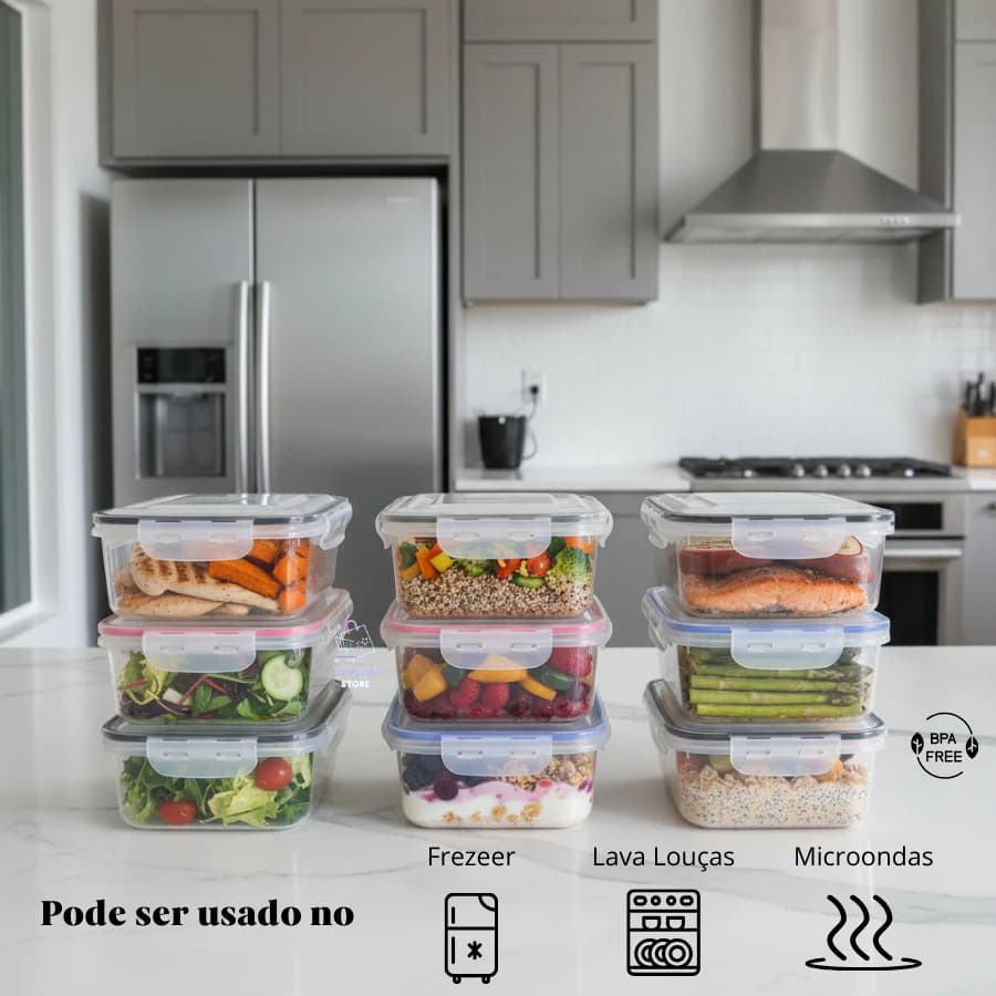 Kit 2 Potes Plásticos Hermético 1,1L BPA Free Organizador Alimentos Travas 4 Lados Vedação Silicone