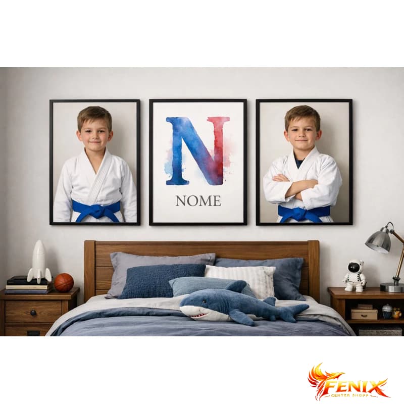 kit 3 quadros decorativo personalizado imagem foto filho ou filha jiu jitsu c/ nome kimono luta menino menina jiu-jitsu