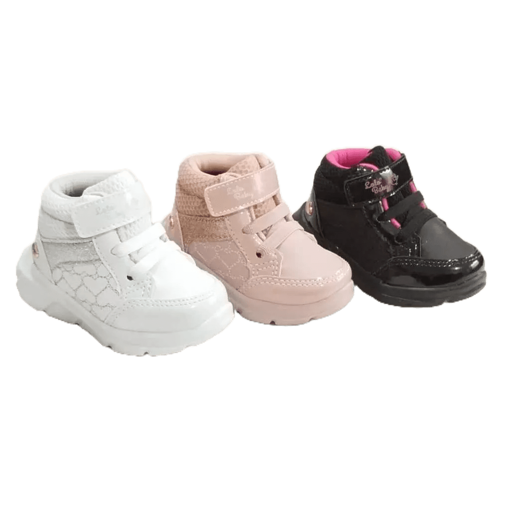 Tênis infantil menina estilo botinha Branca Rose ou Preto detalhe de coração em velcro e elástico