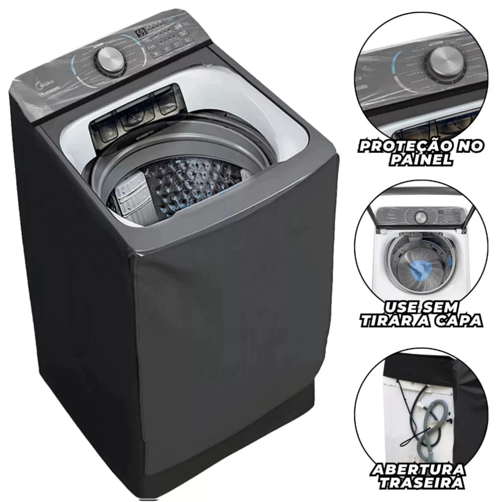 Capa Maquina Lavadora Midea 14kg Wave Impeller Impermeavel Reforçada Protetora Sol Chuva Sereno Poeira com Ziper