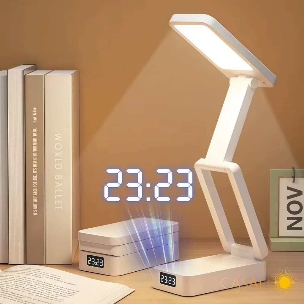 Luminária Recarregavel Articulada 26 Led Escritório e Estudos Abajur De Mesa Relógio Branco Leitura