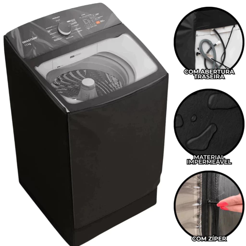 Capa Maquina Brastemp BWK 11kg 12kg 13kg 14kg Impermeavel Protetora Sol Chuva Sereno Maresia Reforçada Zíper Preta