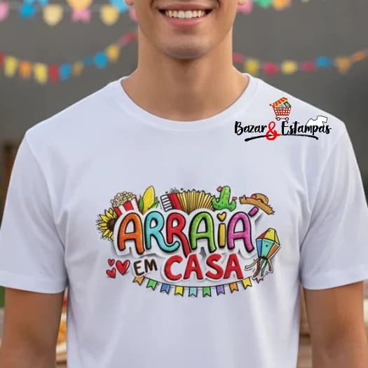Camiseta Arraiá em Casa Festa Junina São João Personalizada Unissex