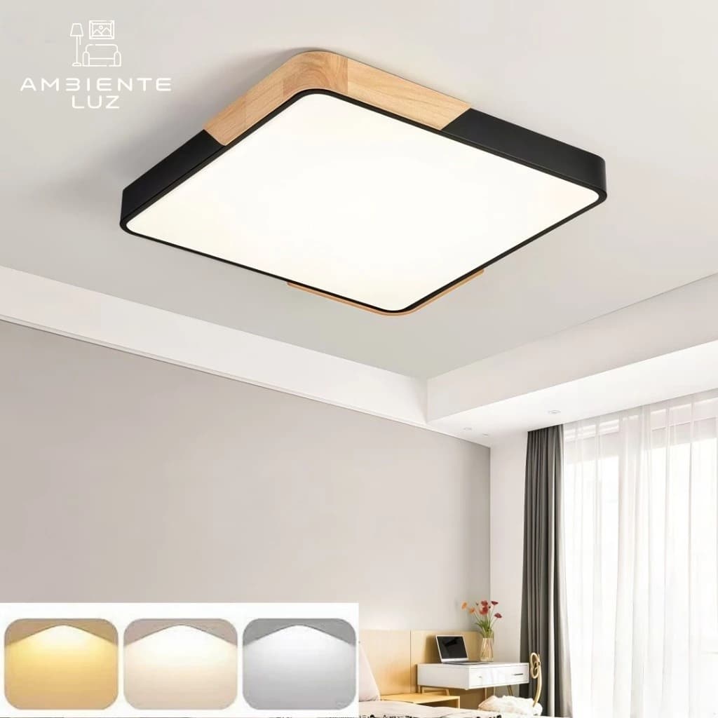 Lustre Plafon Madeira Quadrada Led 24w 36w 48w Bivolts Tamanho 30cm / 40cm / 50cm Luminária de Teto