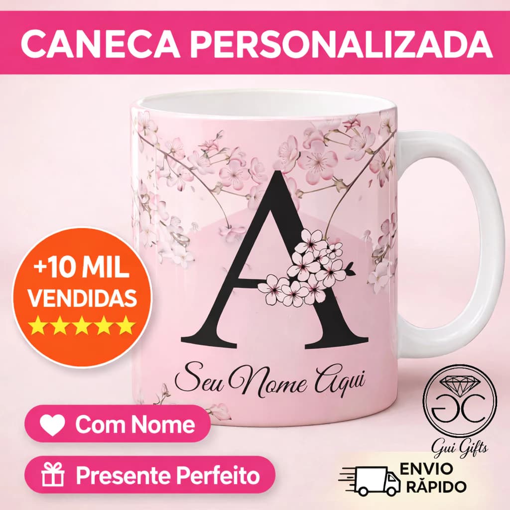 Caneca Xícara Personalizada Presente Com Seu Nome Floral Cerejeira