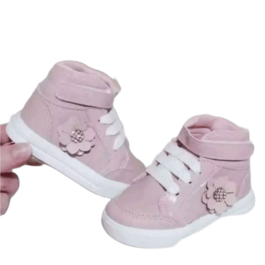 Tenis infantil menina cano alto estilo botinha rosê com flor menina bebê infantil
