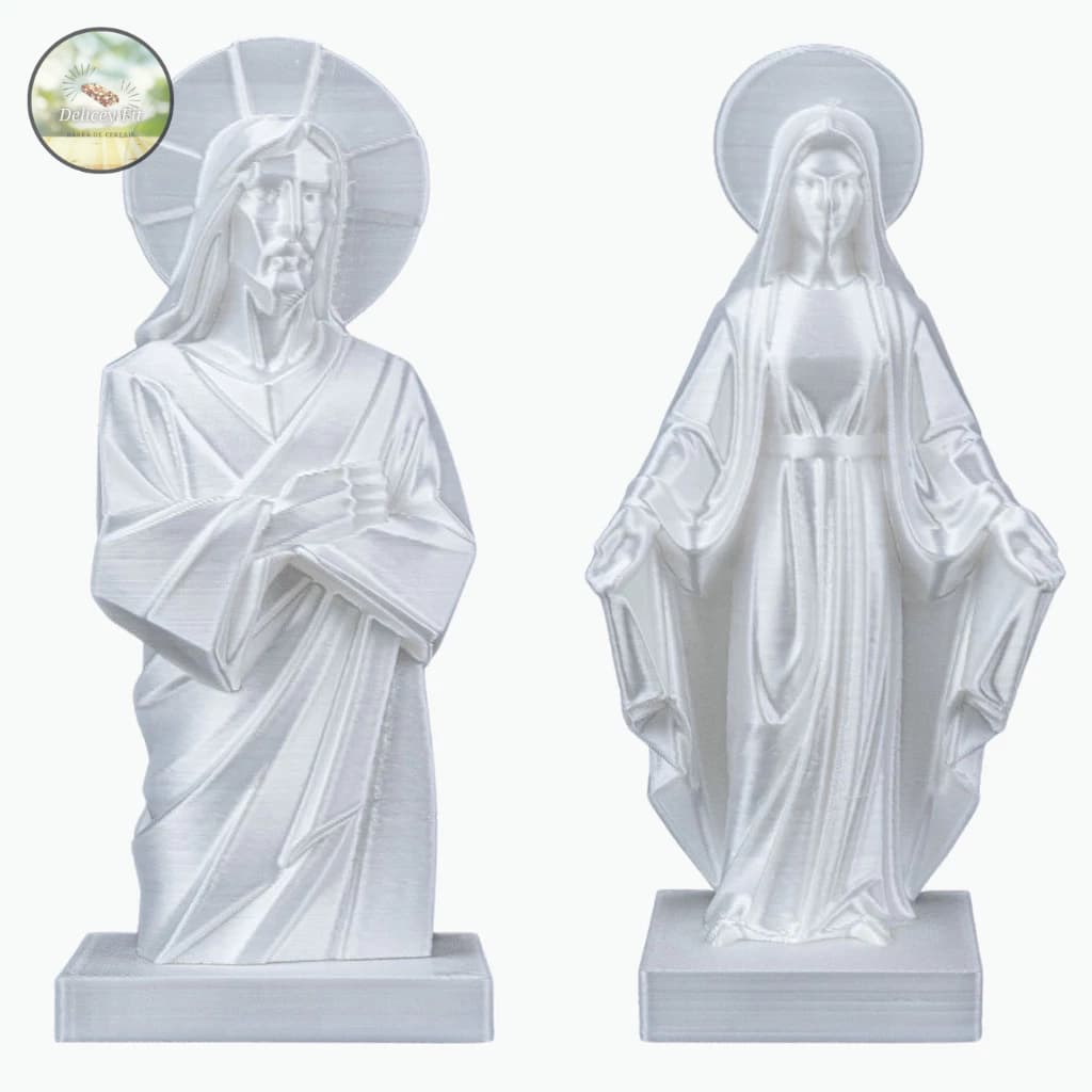 Escultura Estátua Religiosa Cristã Branco Perolado Decorativo Jesus Cristo e Santa Maria 11cm