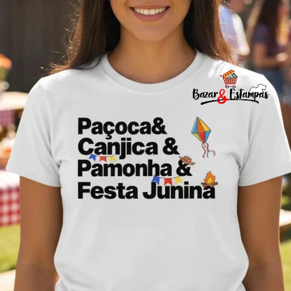 1 Camiseta Festa Junina São João Palavras Paçoca Canjica Pamonha Arraiá Caipira Unissex