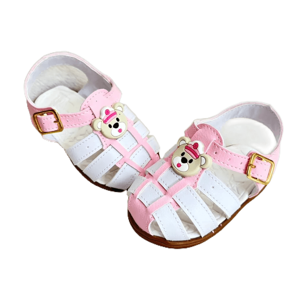 Sandália bebê menina infantil Rosa e branco com tema ursinho marinheiro