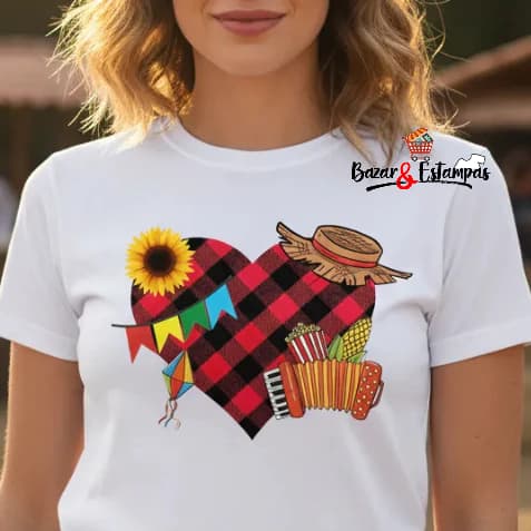 1 Camiseta Arraíá Coração de Xadrez Vermelho Festa Junina São João Quadriculado Vermelho Unissex