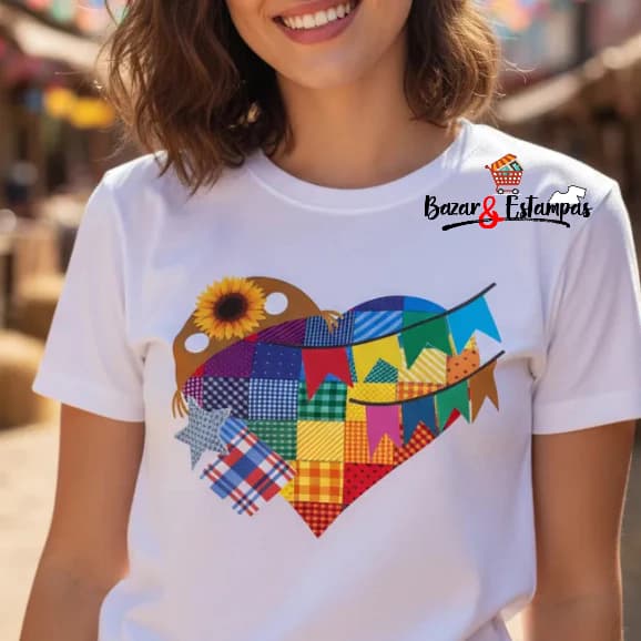 1 Camiseta Coração de Retalhos Festa Junina São João Personalizada Arraiá Unissex
